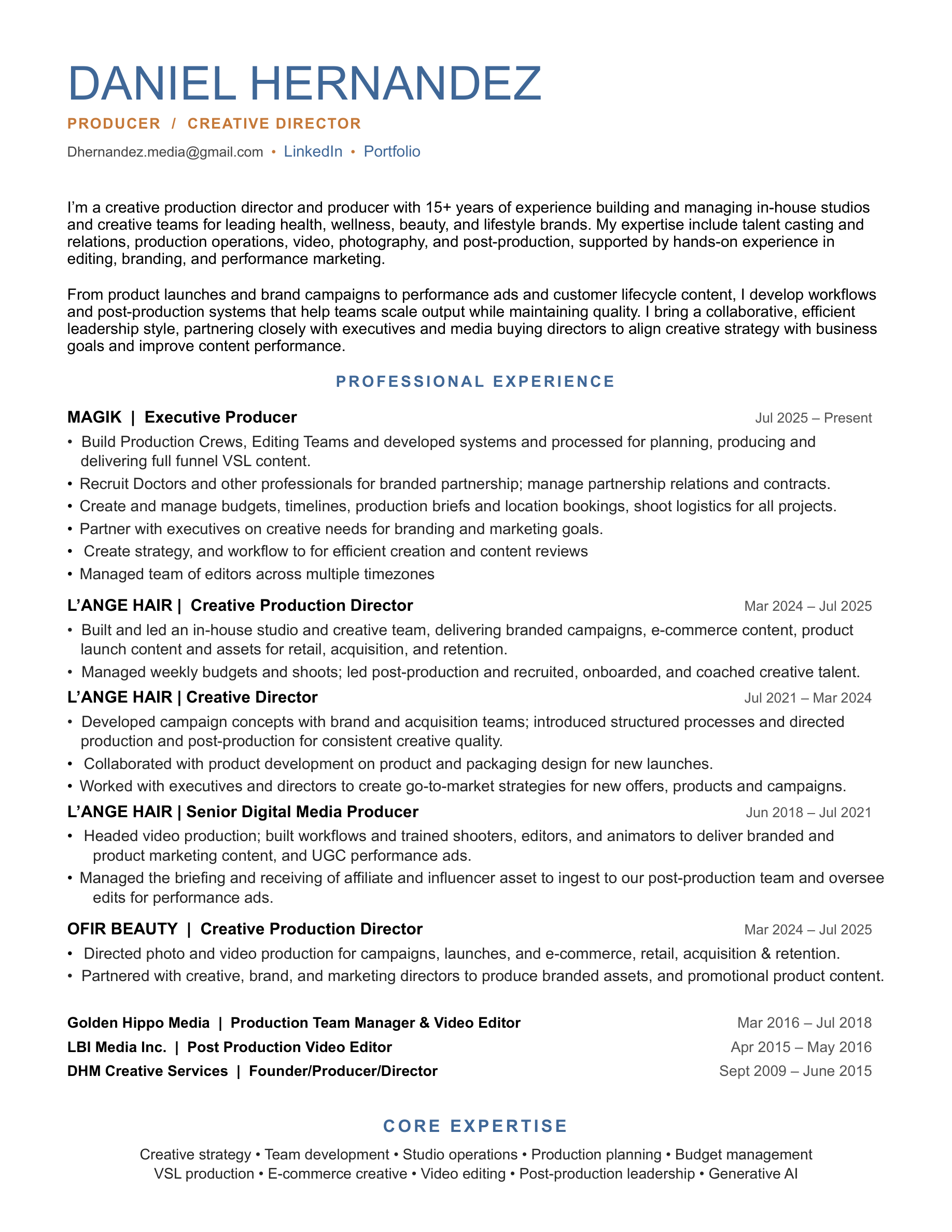 Daniel Hernandez résumé, page 1 of 2 — profile and professional experience. Open the PDF for selectable text.